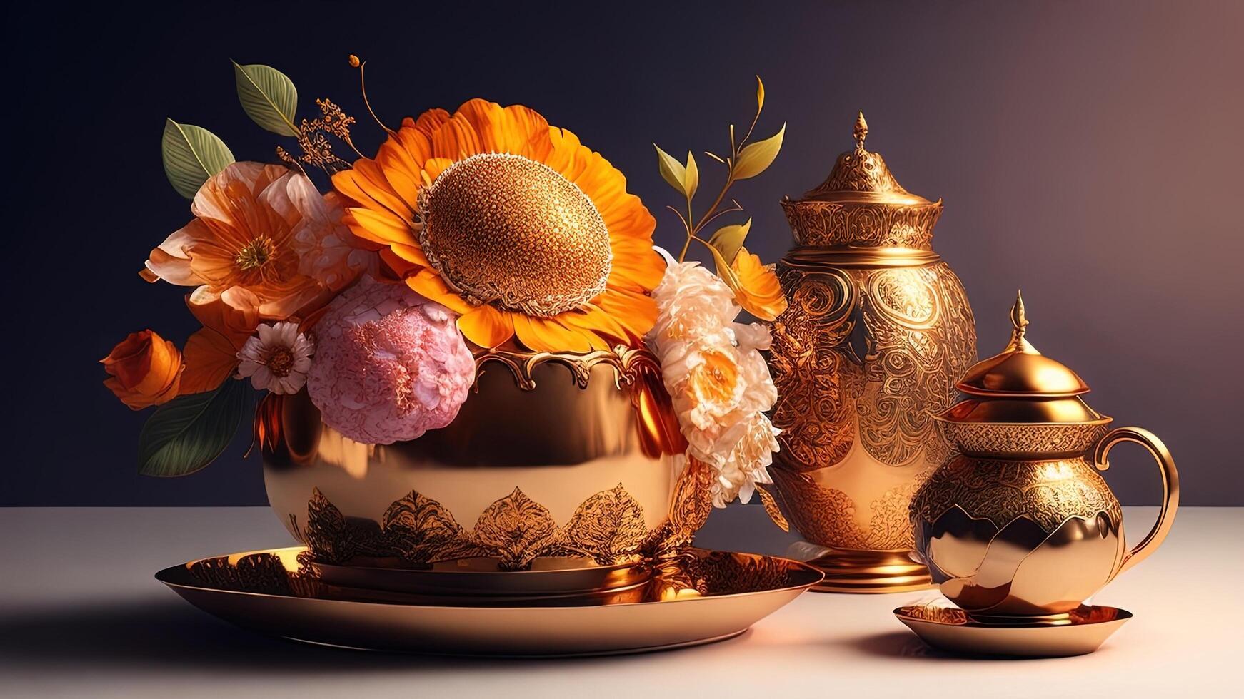 3d illustrazione di d'oro vaso con fiori e teiera. ai generato foto