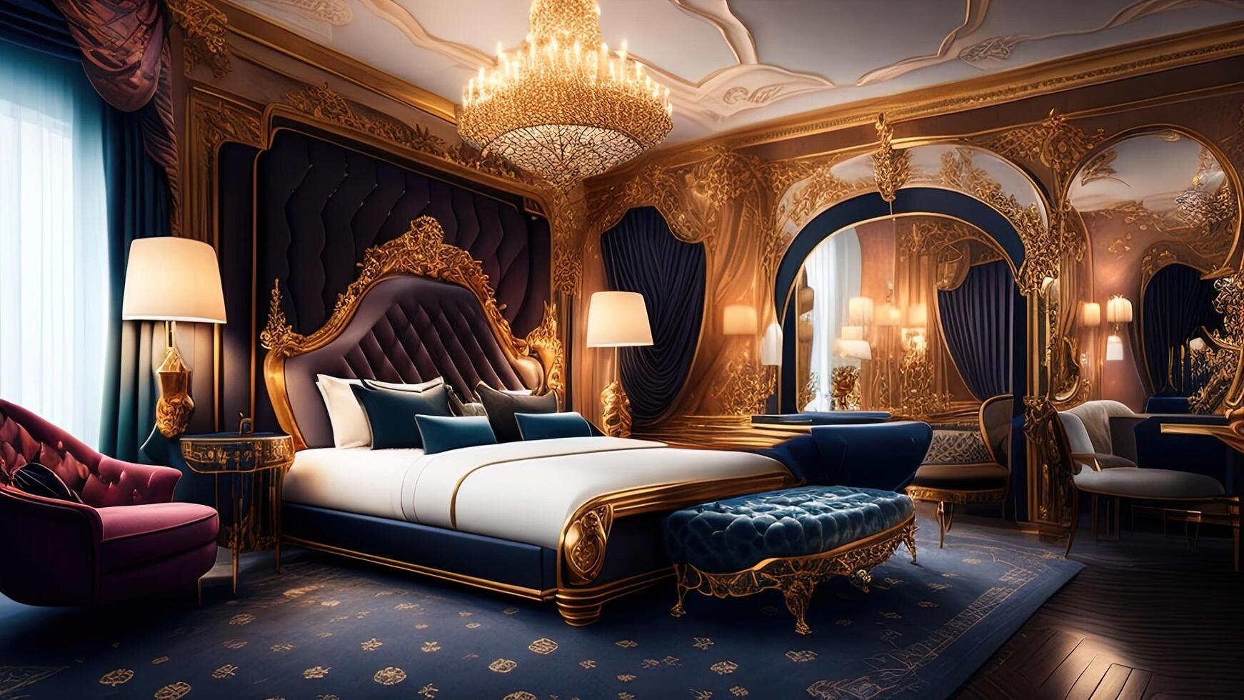 lusso reale Camera da letto interno con d'oro muri, lussuoso oro mobilia e drappeggio. ai generato foto