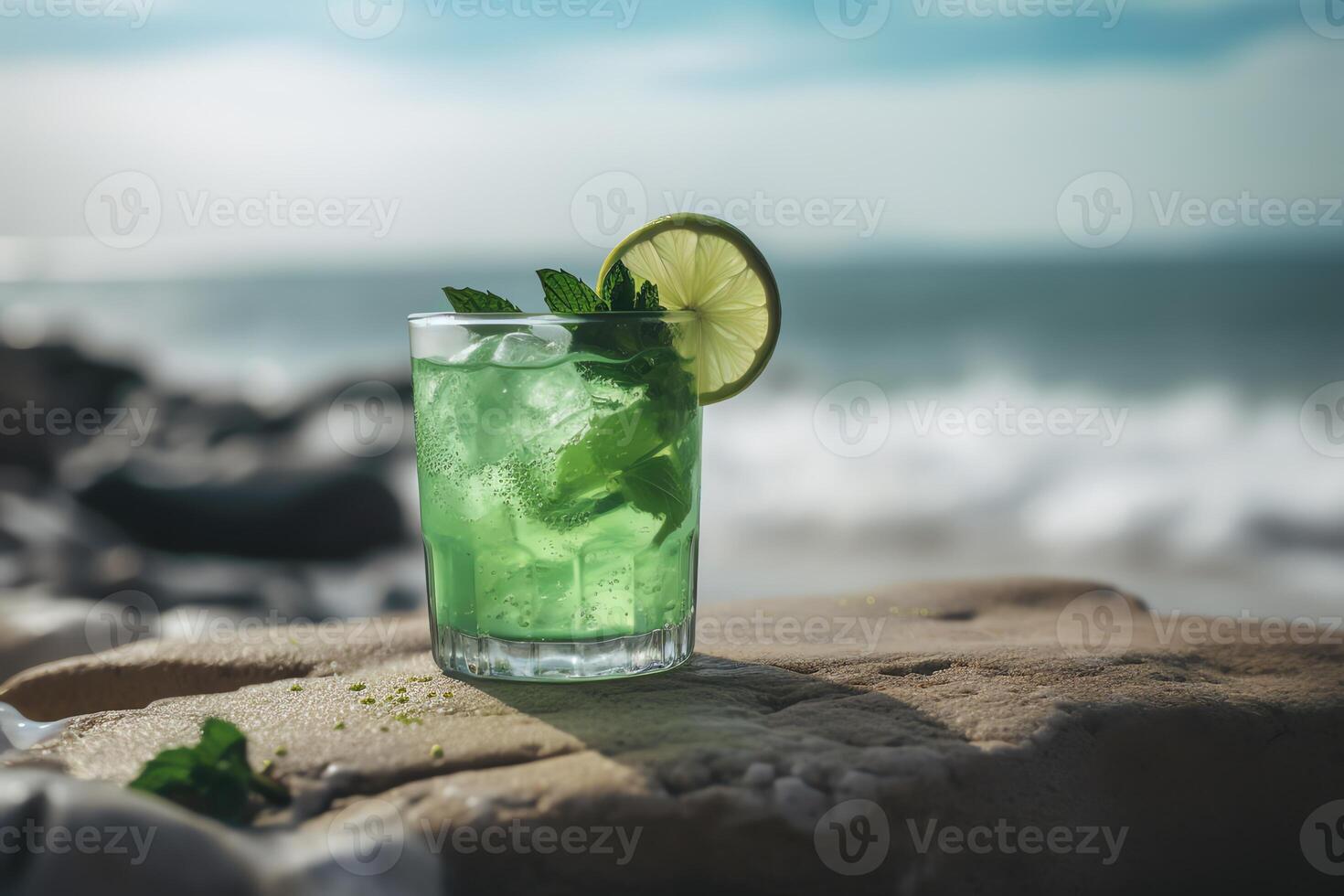 menta Mojito cocktail su spiaggia sfondo. ai generato foto