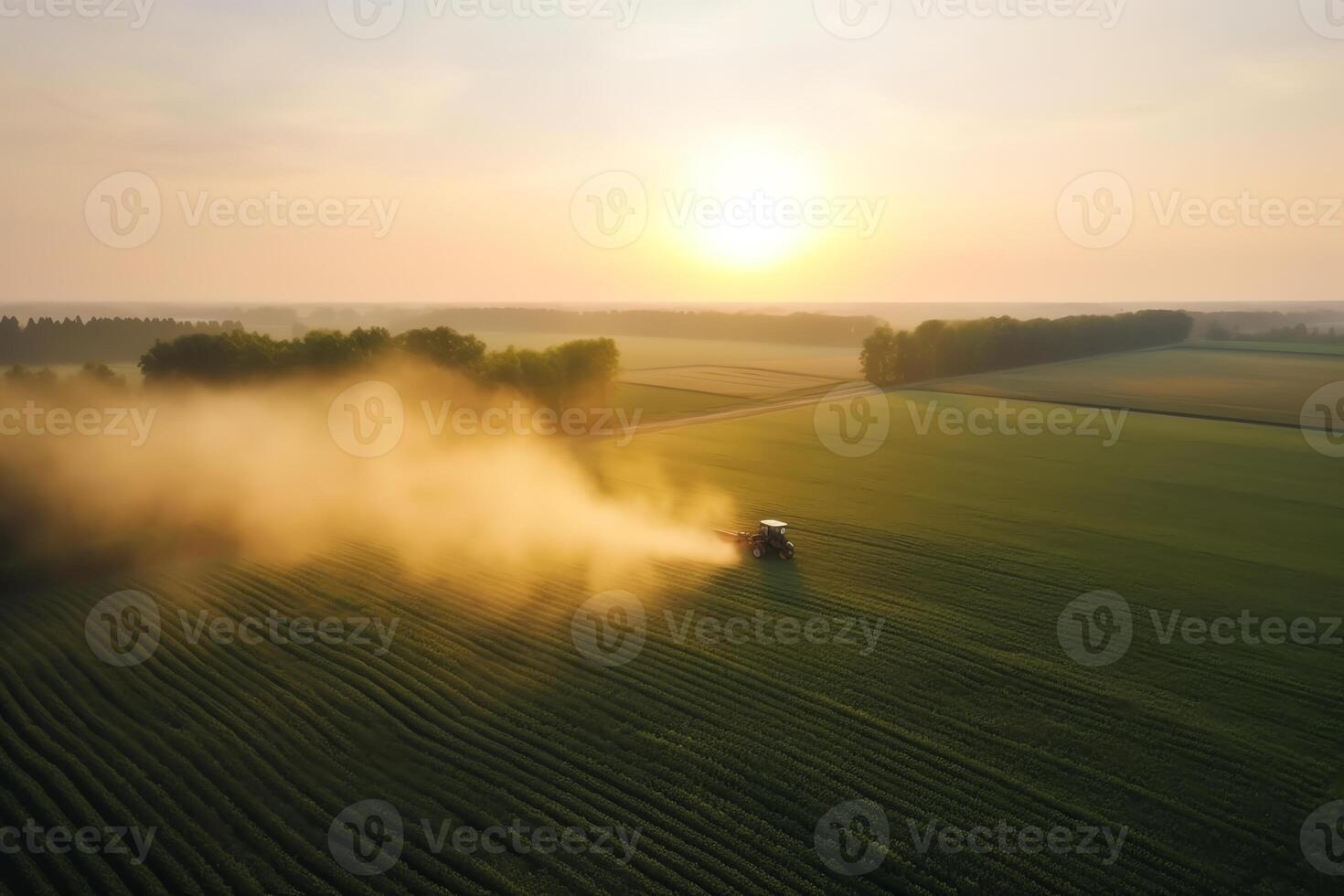 aereo Visualizza di trattore spruzzatura pesticidi su verde soia piantagione a tramonto. ai generato foto