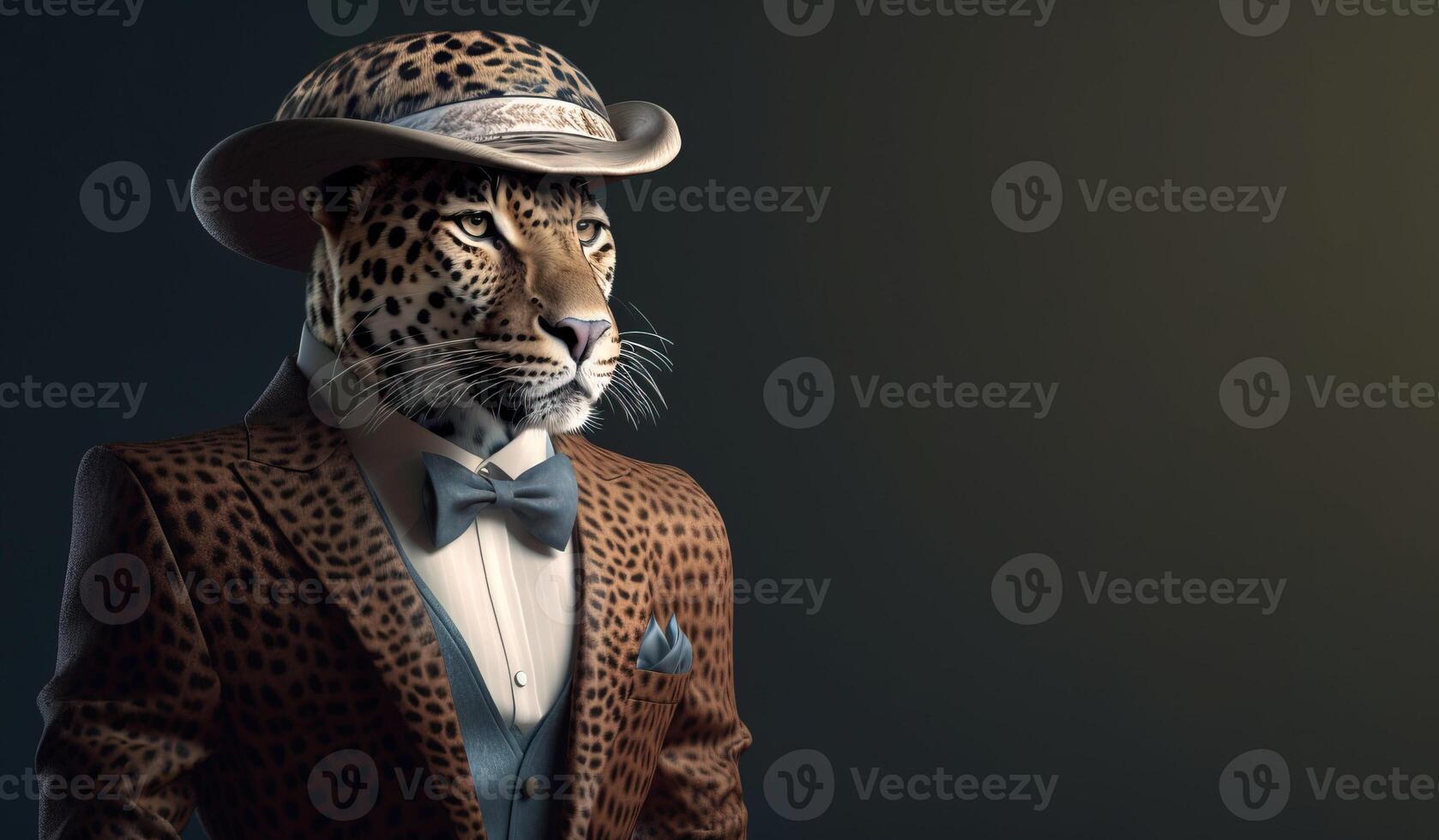 signore, il capo è un' formidabile macchiato leopardo nel un' cappello, completo da uomo e legare. bandiera intestazione. ai generato. foto