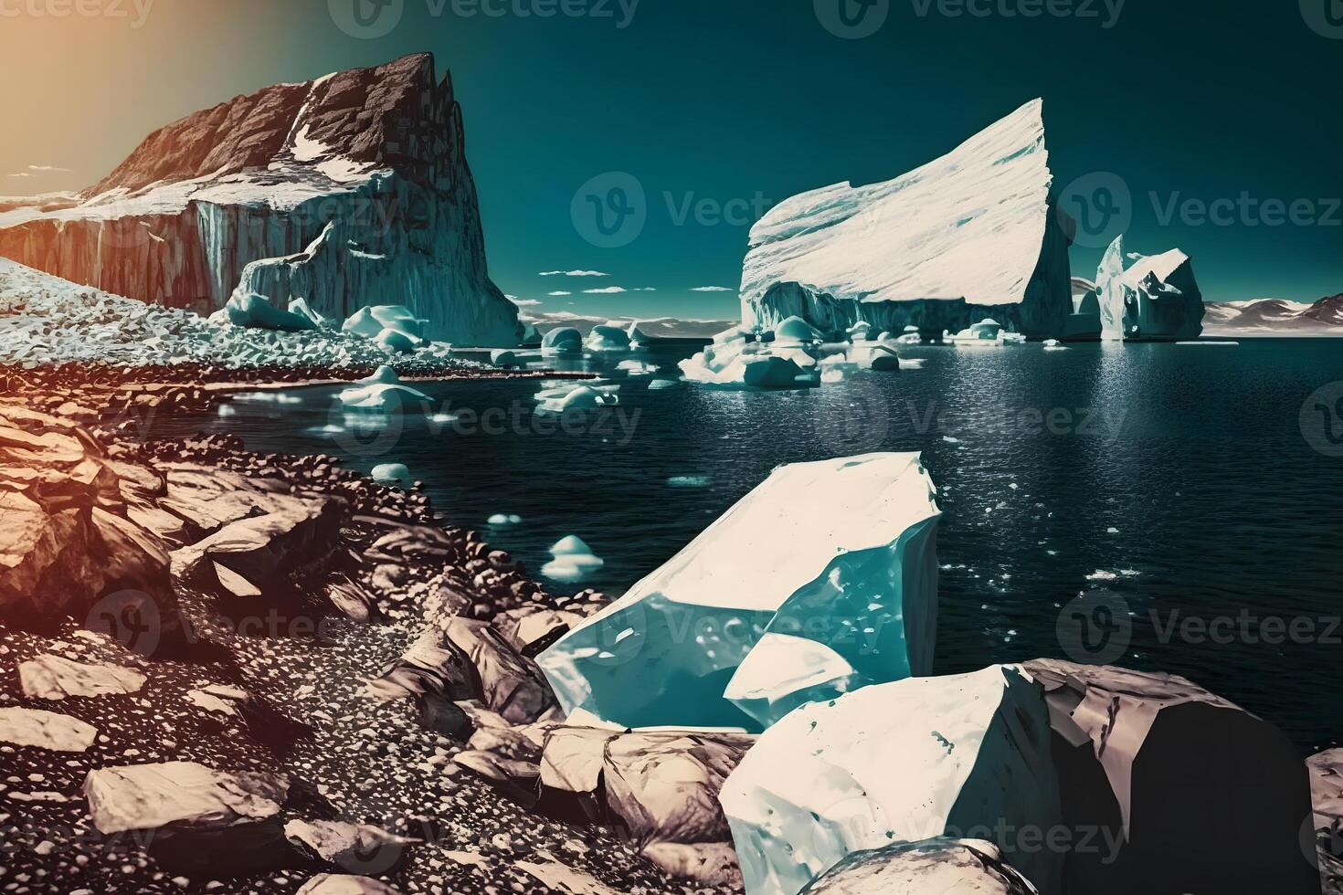 cartone animato natura inverno artico paesaggio con iceberg. neurale Rete ai generato foto