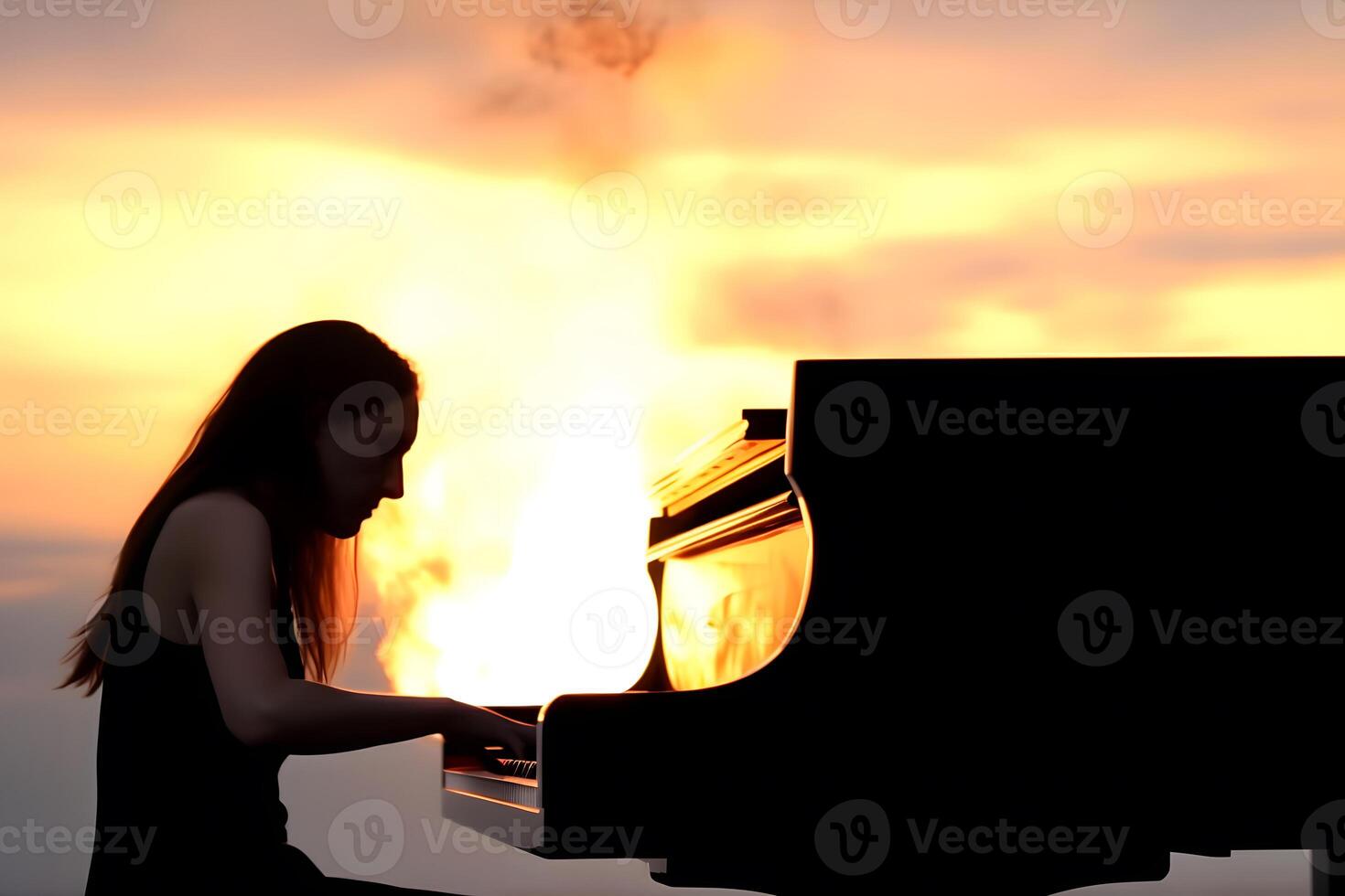 ragazza giocando il pianoforte Il prossimo per il fuoco. neurale Rete ai generato foto