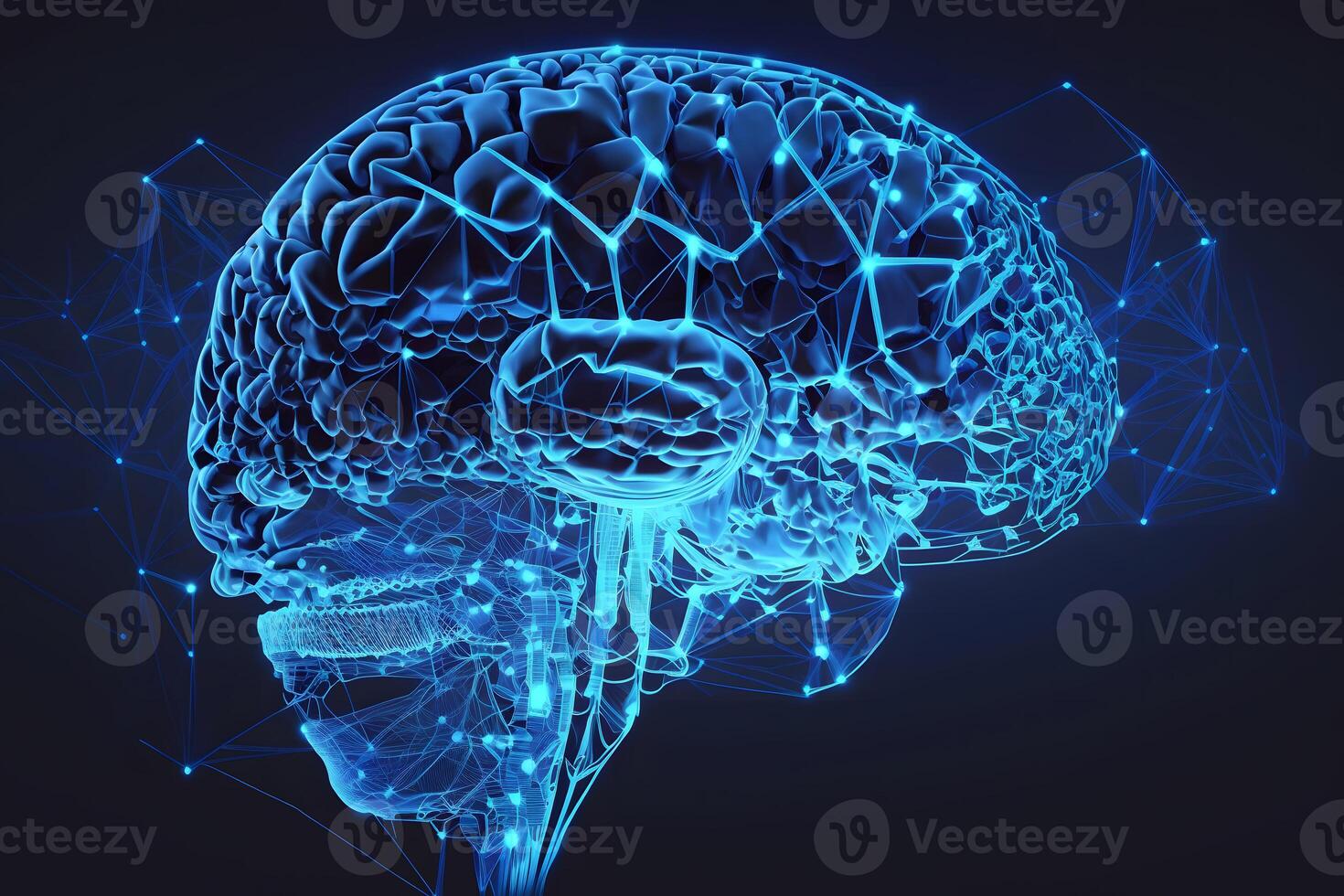 umano cervello forma di un artificiale intelligenza con linea puntini su buio blu colore sfondo. digitale tecnologia cervello concetto. neurale Rete ai generato foto