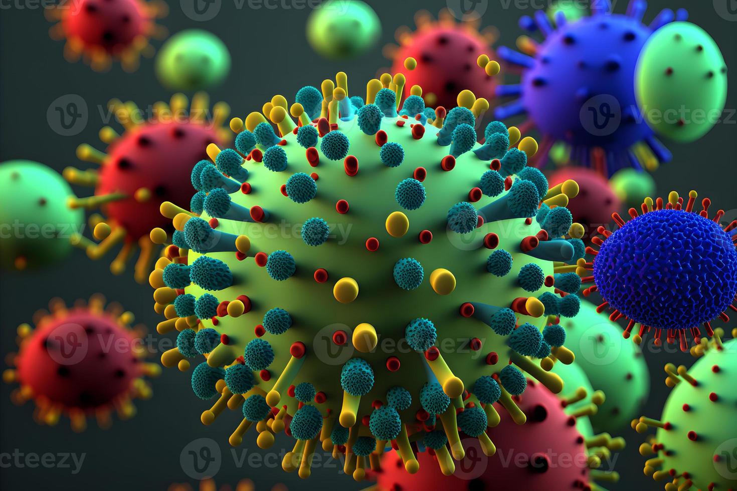 astratto Visualizza di virus di influenza o covid 19 romanzo coronavirus attraverso microscopio. neurale Rete generato arte foto