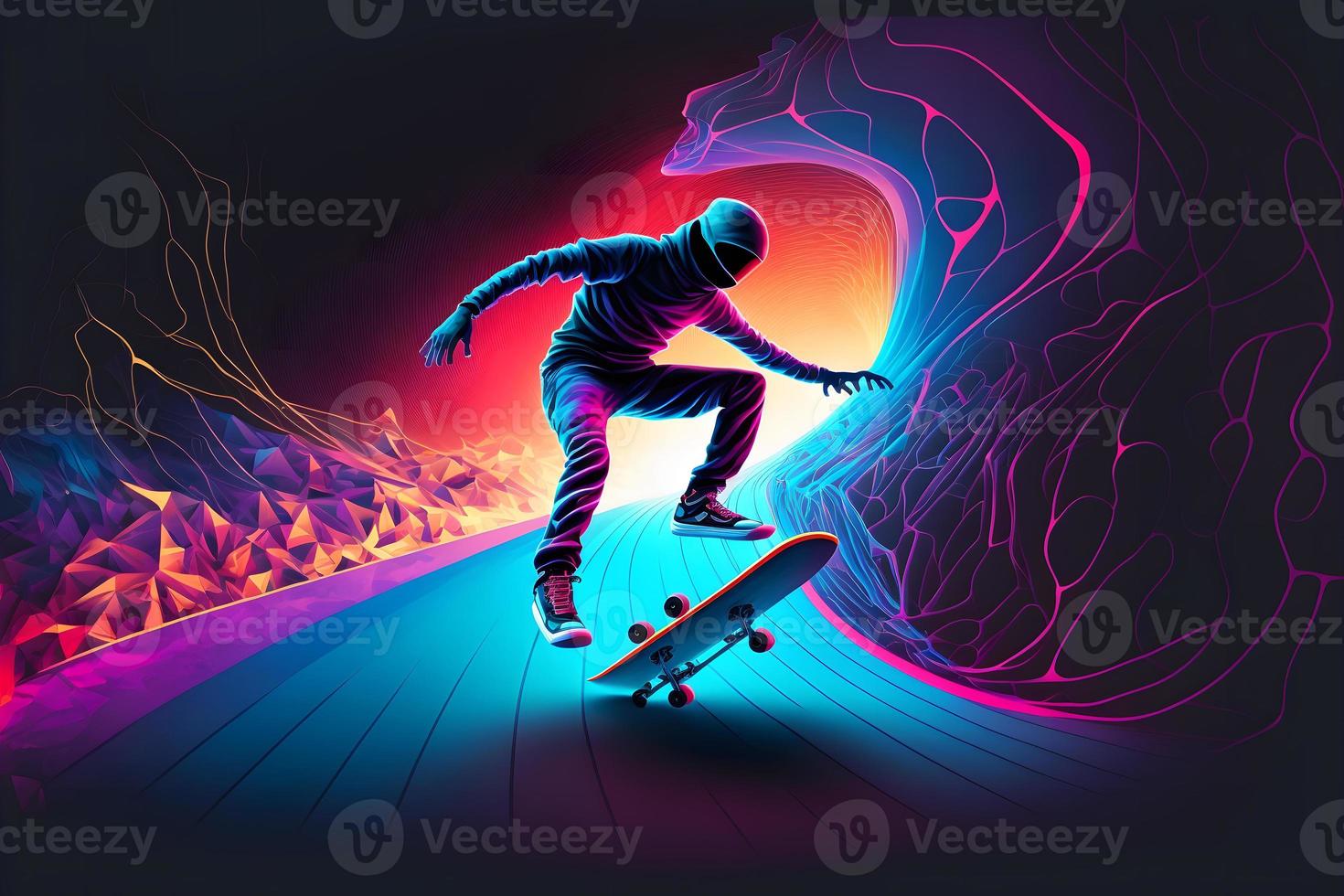 astratto estremo gli sport amante esegue salto in infinito con immaginario skateboard o snowboard. neurale Rete generato arte foto