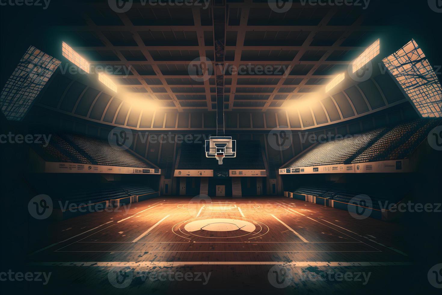 interno Visualizza di un illuminato pallacanestro stadio per un' gioco. neurale Rete generato arte foto