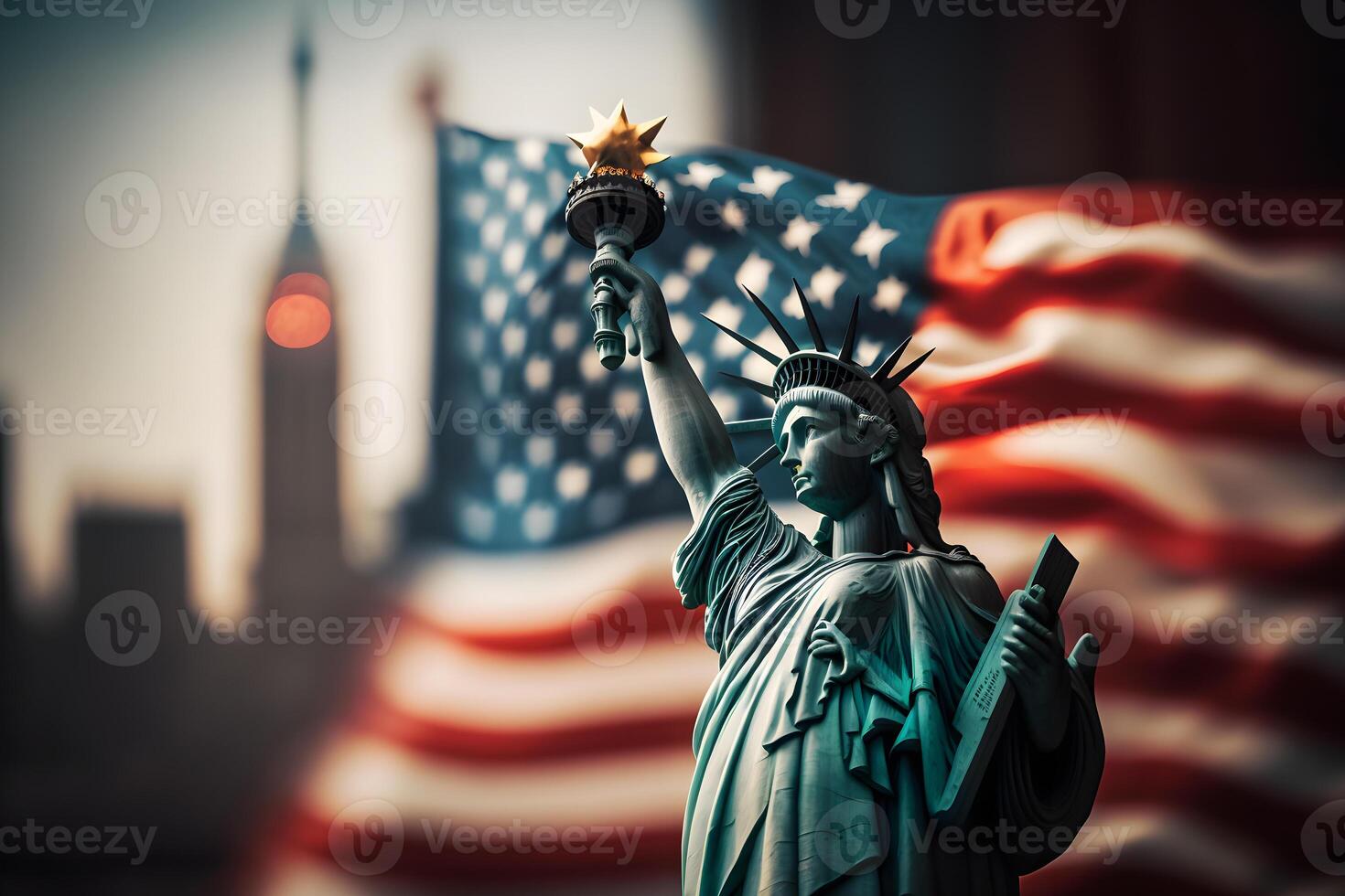 statua di libertà su il sfondo di il americano bandiera. democrazia e la libertà concetto. neurale Rete ai generato arte foto