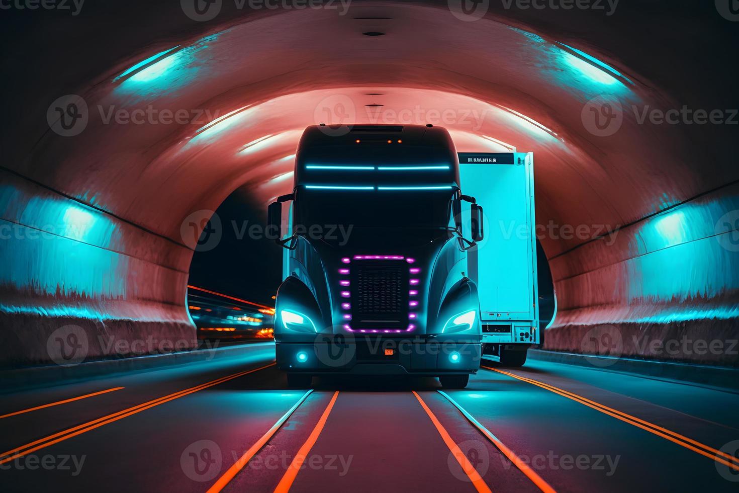 camion trailer guida a il neon tunnel. neurale Rete generato arte foto