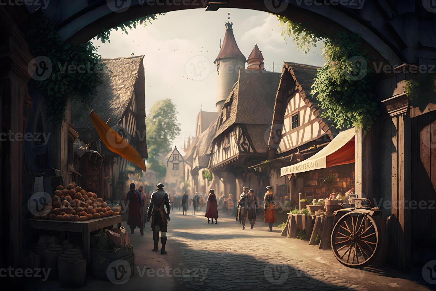 medievale città strade Visualizza. neurale Rete ai generato foto