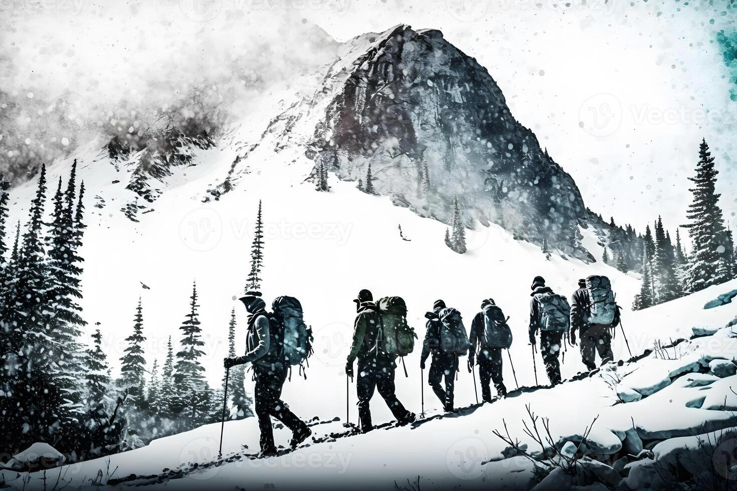 gruppo di turisti nel inverno nel il montagne. lavoro di squadra concetto. neurale Rete ai generato foto