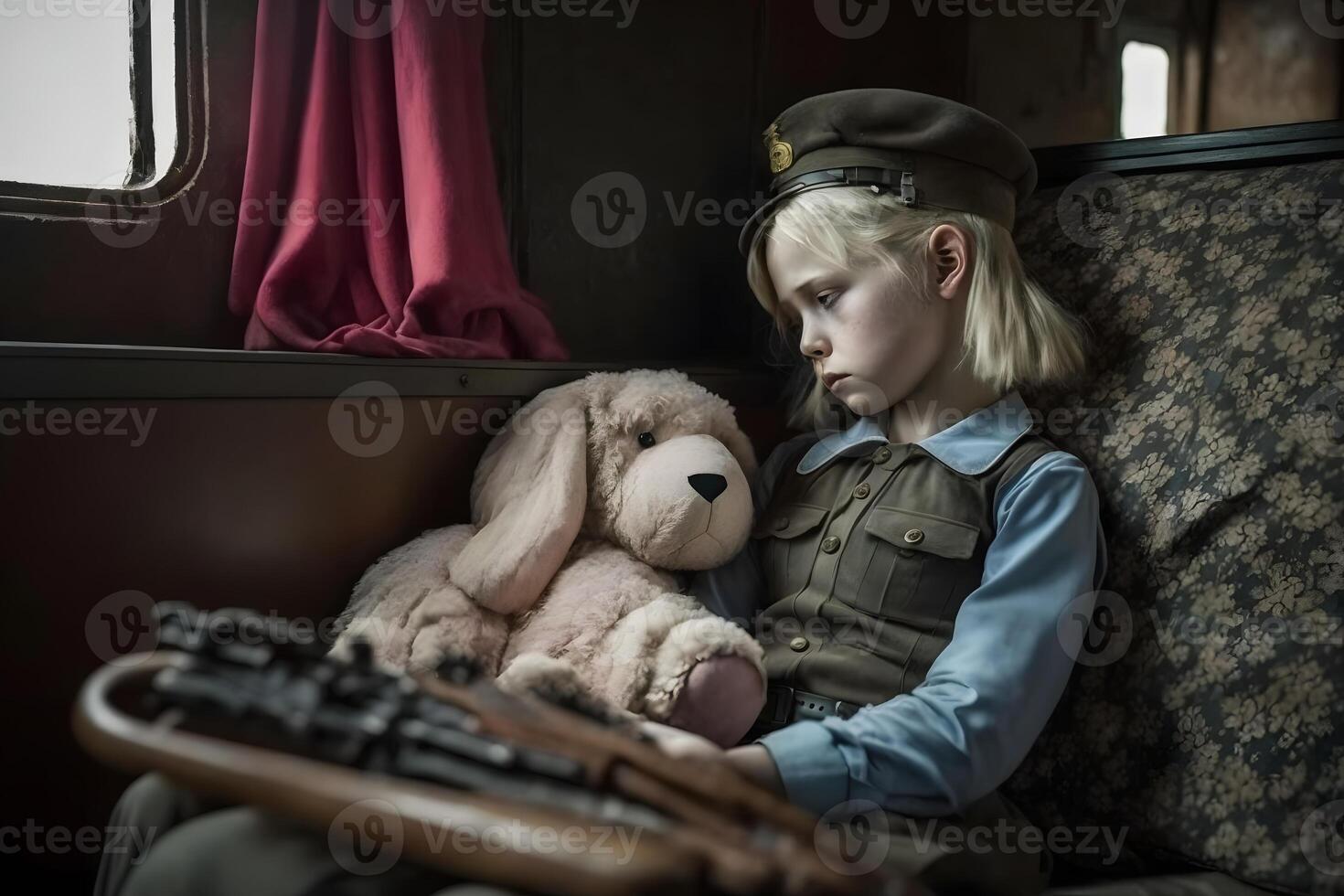 poco ragazza con un' orsacchiotto orso durante il guerra. evacuazione bambini. neurale Rete ai generato foto