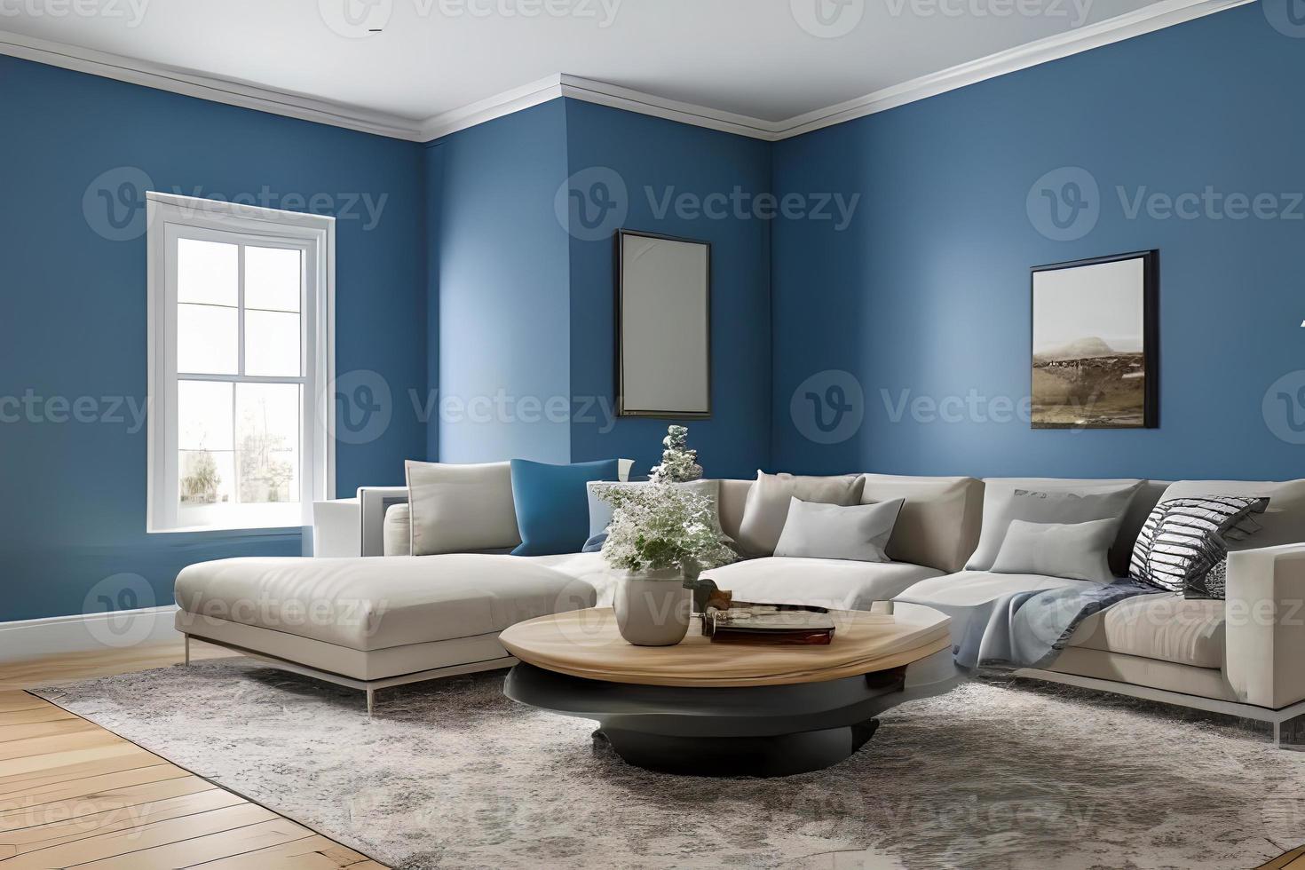 contemporaneo Residenziale vivente camera, sfondo parete colore polvere blu foto