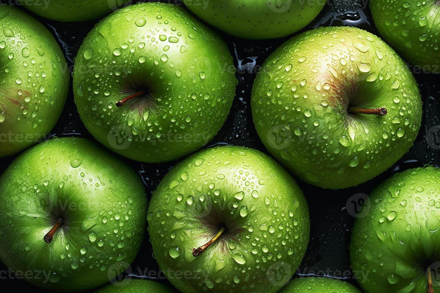 un' verde Mela coperto nel acqua goccioline. Mela sfondo. generativo ai foto