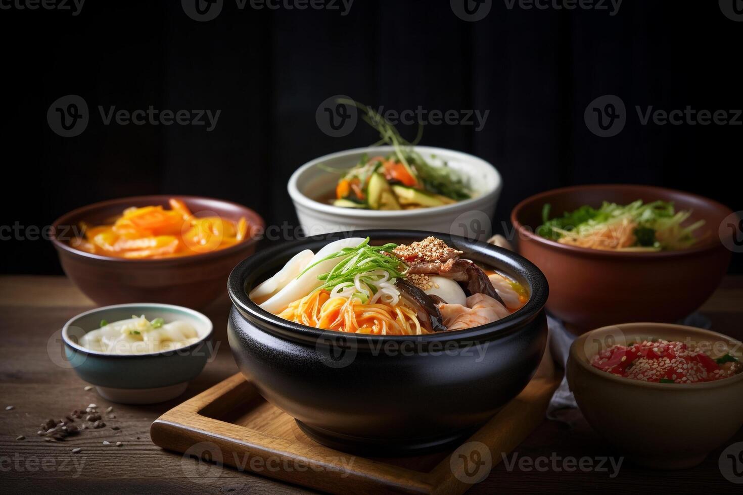 un' tavolo pieno di coreano cibo. ai generato. foto