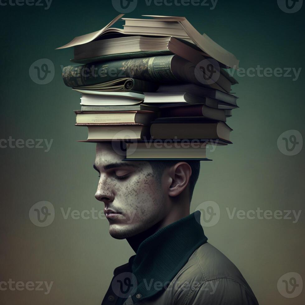 un' uomo con pila di libri attaccare su di il suo testa. creato con ai utensili foto