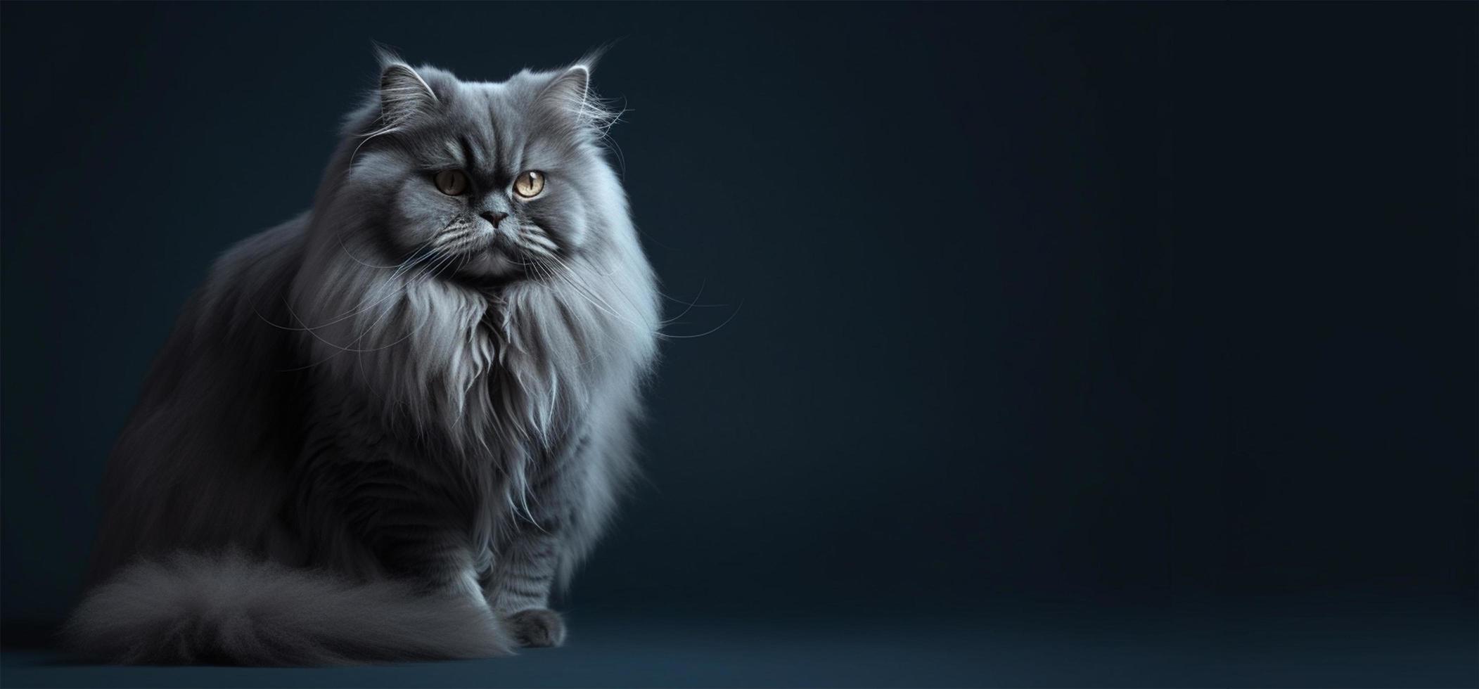 grigio persiano gatto ritratto. buio buio blu pendenza sfondo. con copia spazio. foto