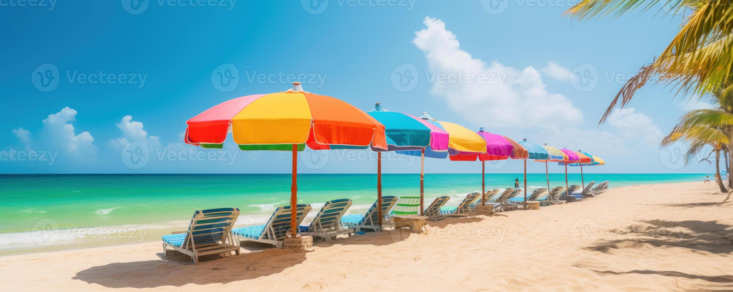 estate sedie e ombrelli su tropicale mare e spiaggia con blu cielo sfondo. generativo ai foto