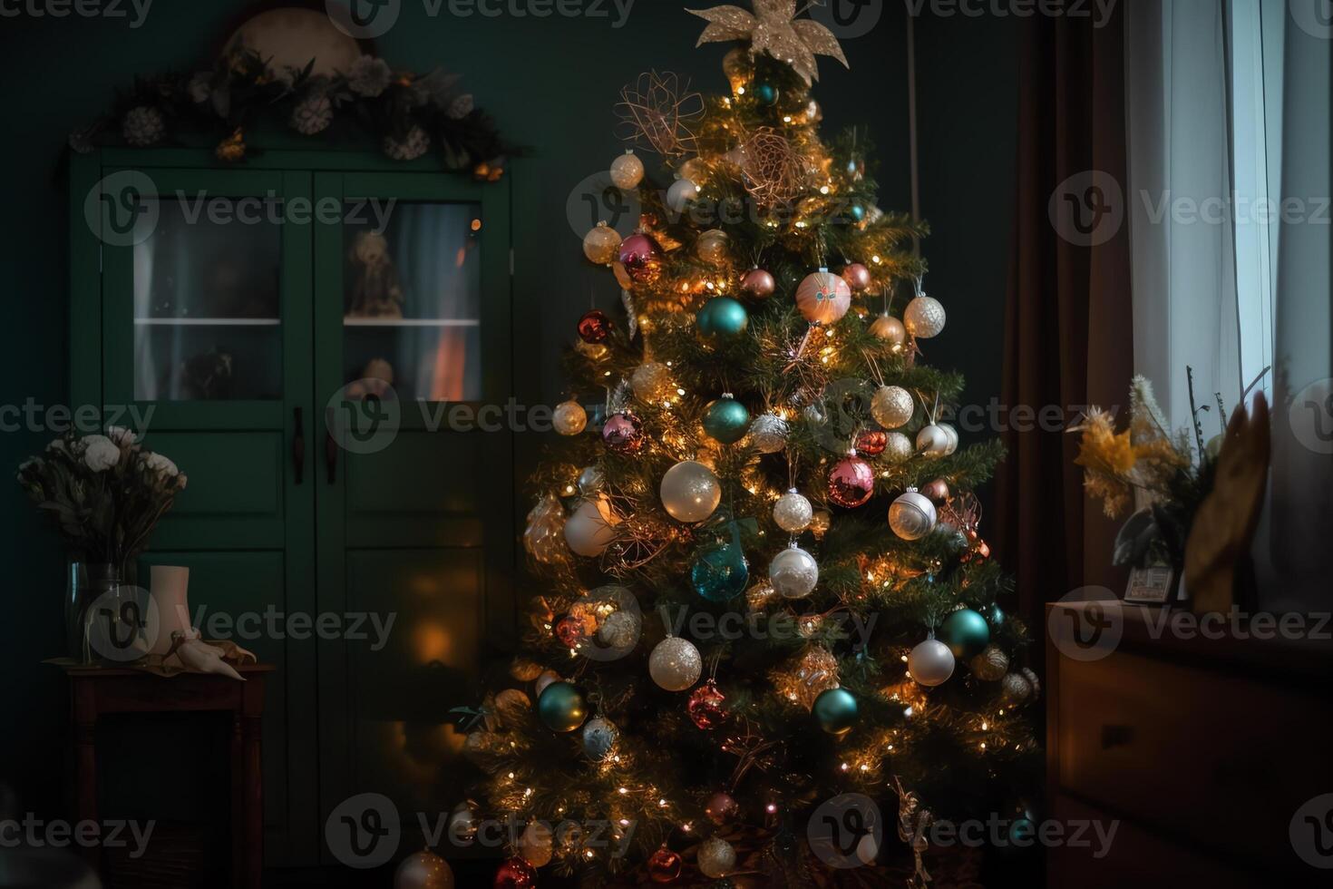 decorato Natale albero. Natale vigilia. ai generato foto