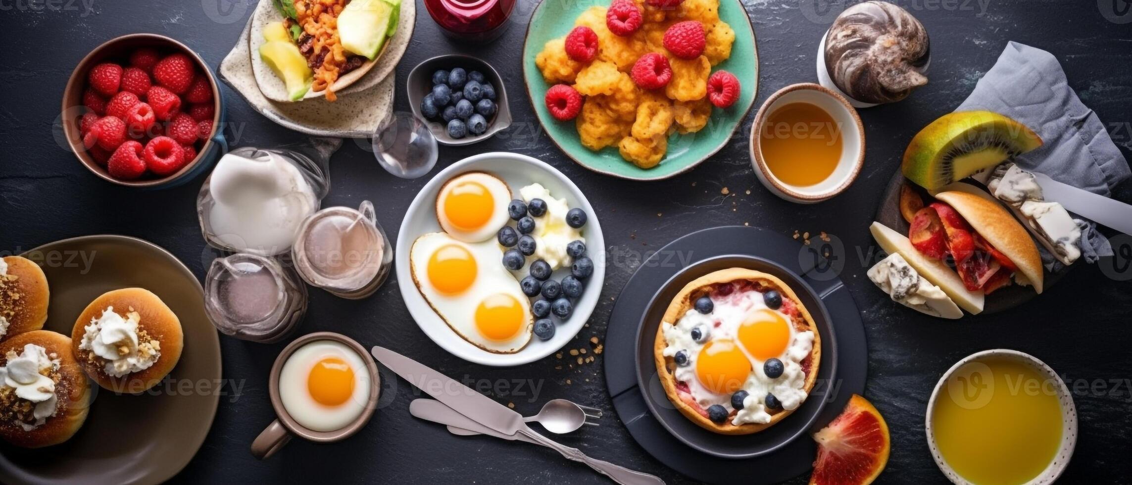 impostato di americano prima colazione cibo con estetico disposizione, superiore Visualizza. foto