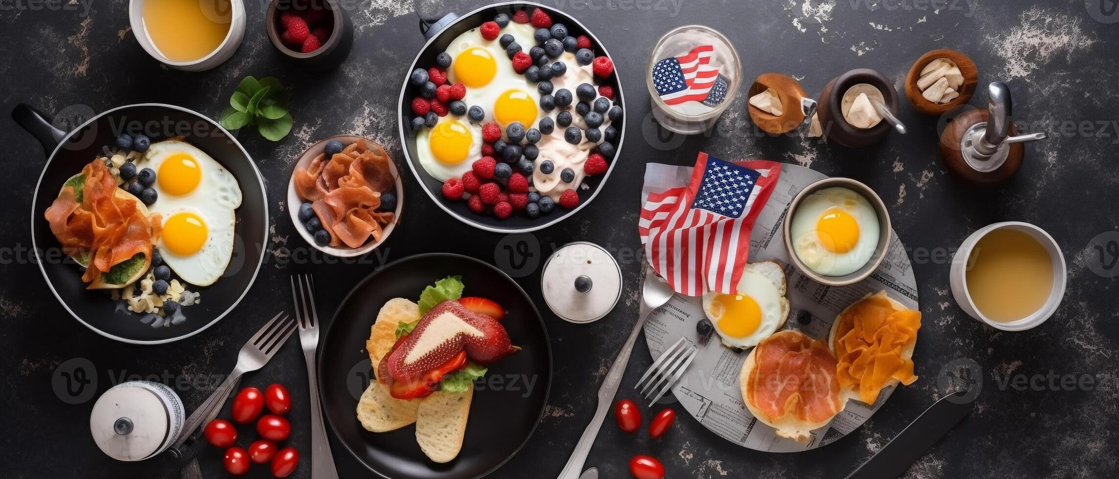 impostato di americano prima colazione cibo con estetico disposizione, superiore Visualizza. foto