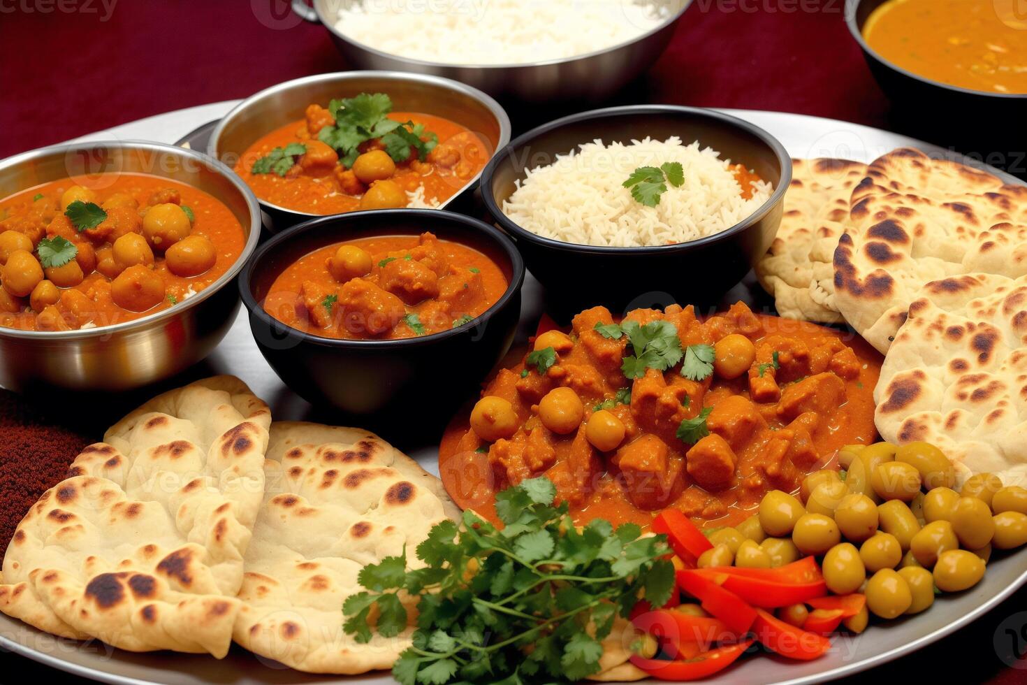 indiano cucina. assortito indiano cibo Compreso Ceci, curry, masala e naan. generativo ai foto