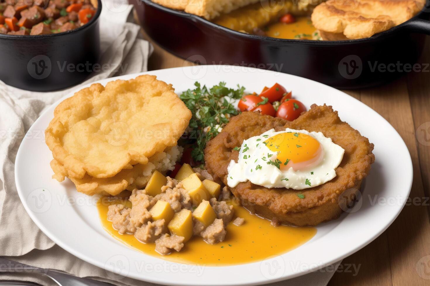 Britannico cucina. porridge con Lenticchie, al forno patate e acida crema.di.pesce e patatine fritte. generativo ai foto