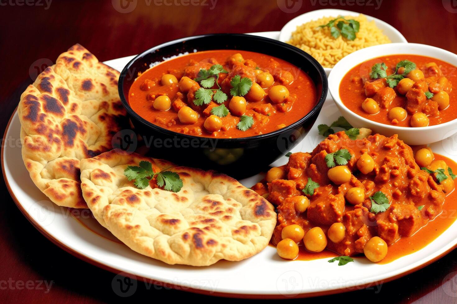 indiano cucina. assortito indiano cibo Compreso Ceci, curry, masala e naan. generativo ai foto