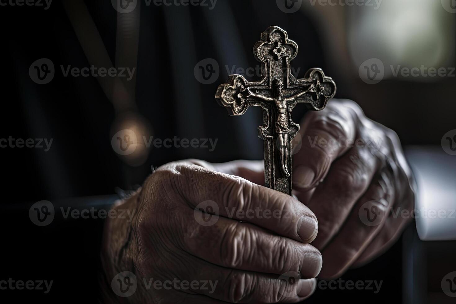 Chiesa sacerdote detiene religioso attraversare nel mani. generativo ai foto