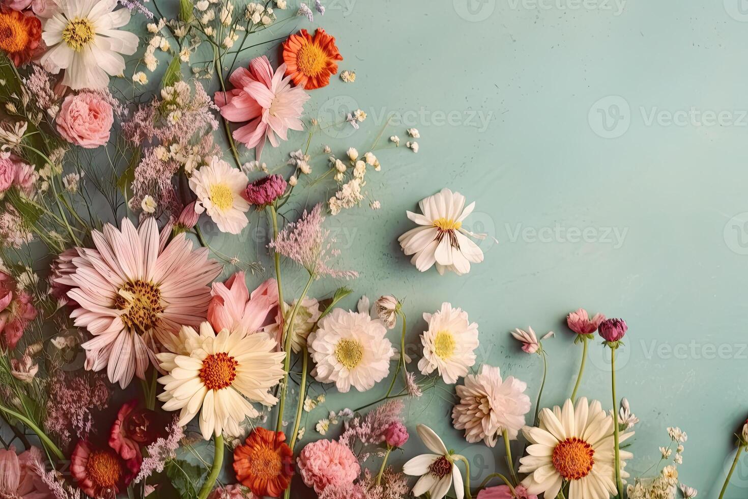 festivo floreale composizione. fiori su luminosa colorato sfondo. generativo ai foto