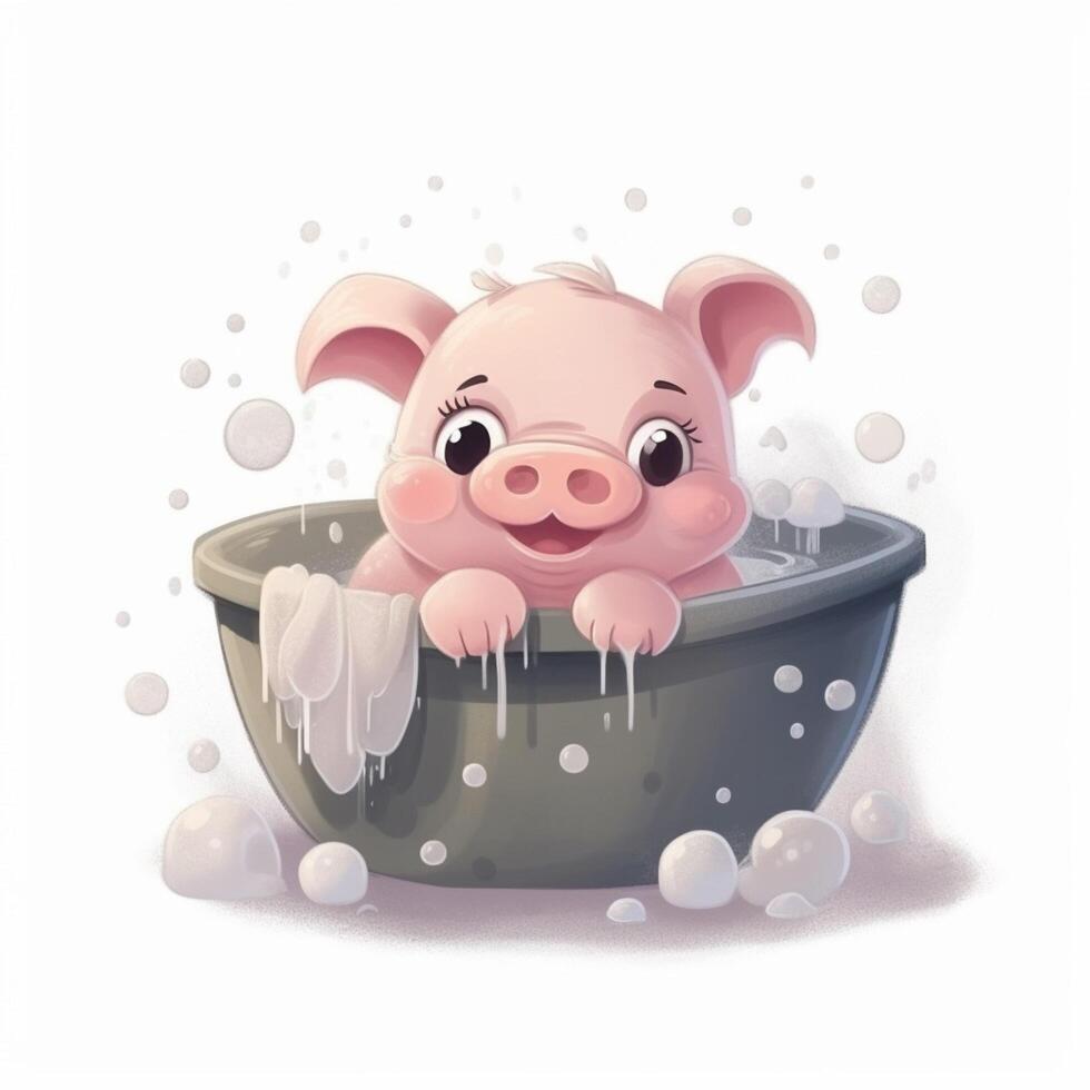 un' carino poco maiale prende un' bolla bagno ai generativo foto