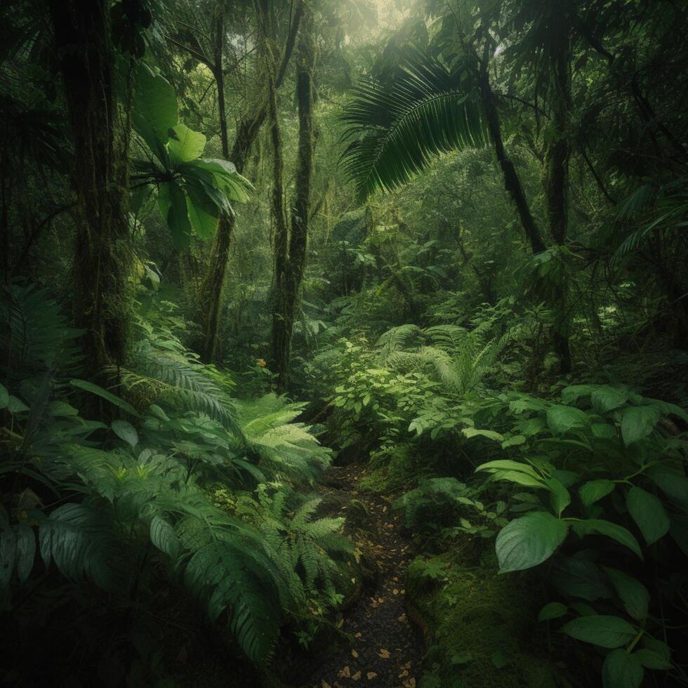 un' denso giungla con un' verde folia ai generativo foto