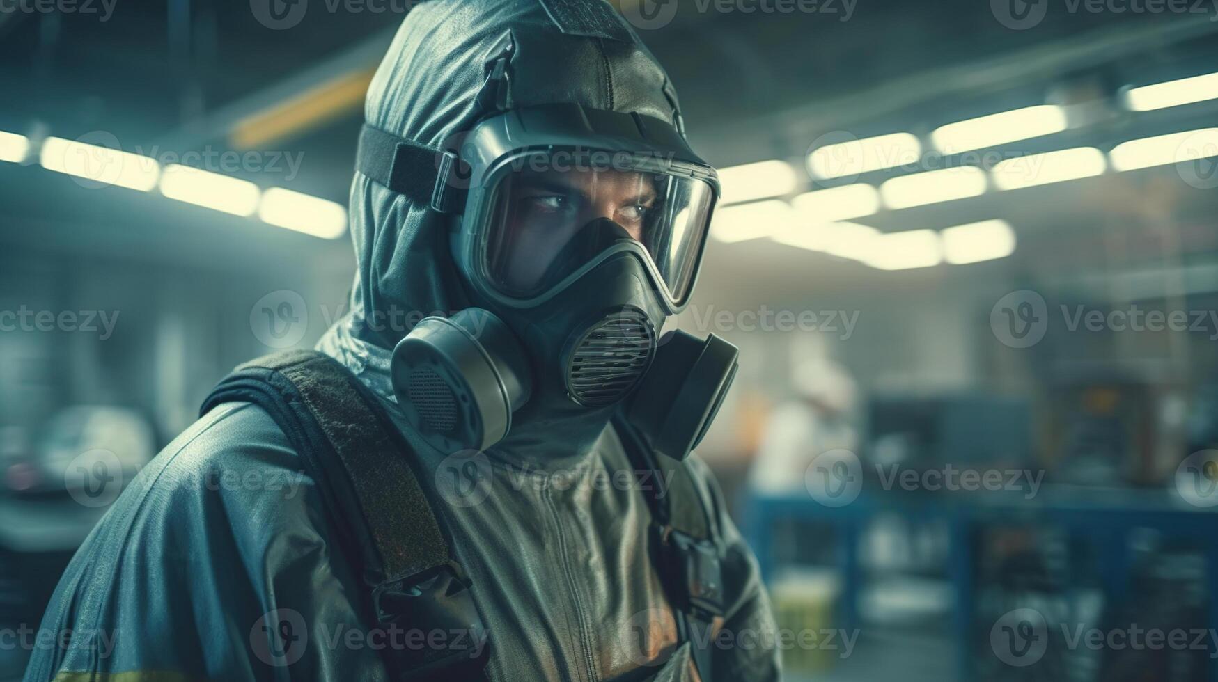 professionale chimico lavoratore nel protezione completo da uomo e gas maschera, generato ai Immagine foto