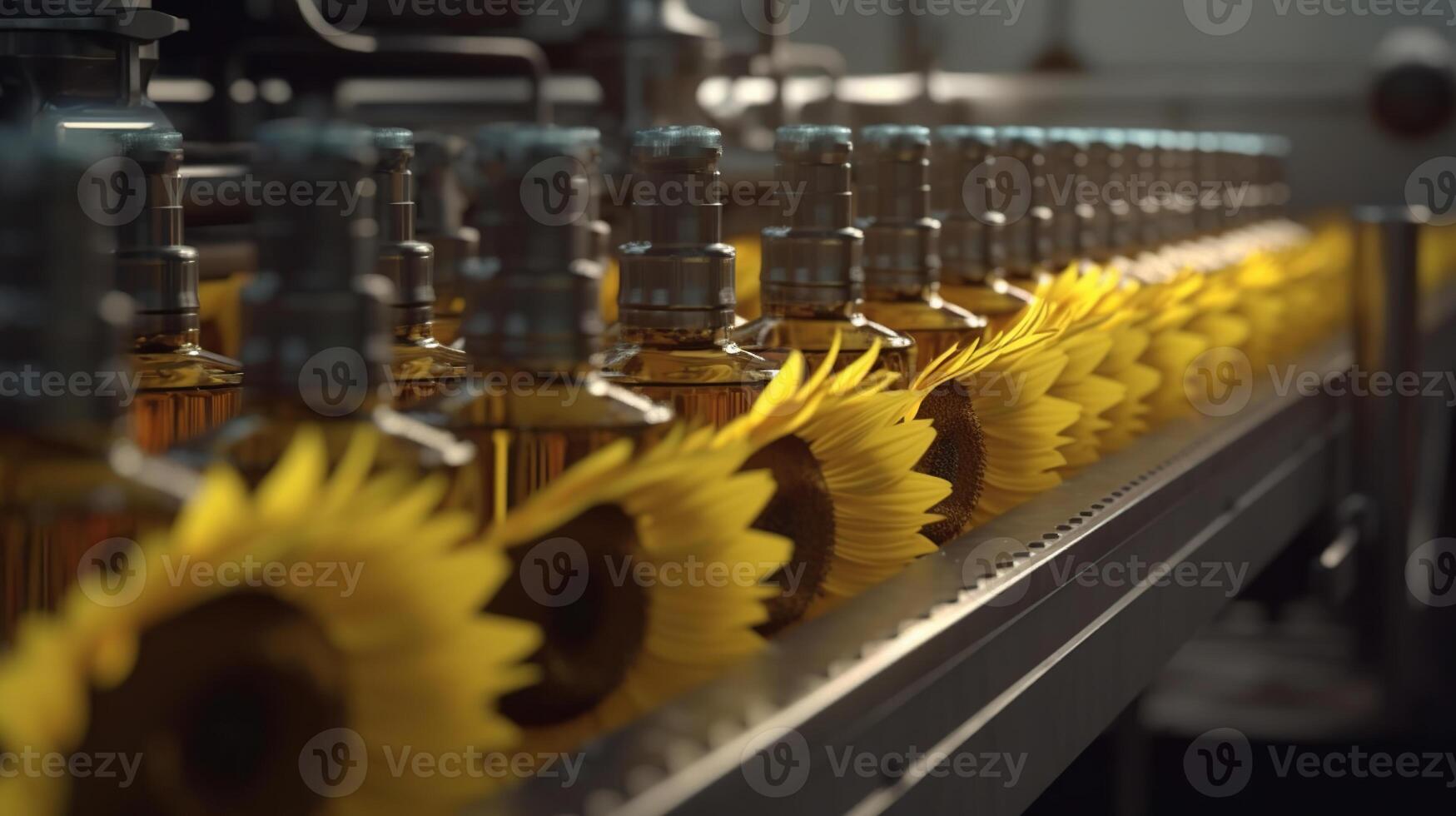 industriale verdura olio produzione e bottiglie pieno con girasole olio , generato ai Immagine foto