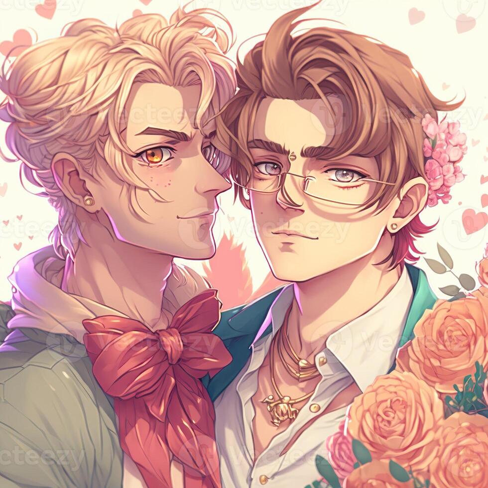 anime LGBTQ più cartone animato coppia su San Valentino giorno è abbracciare, con mazzo di fiori, illustrazione ai generato foto