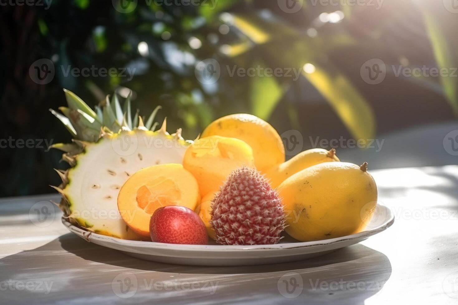 piatto di esotico tropicale frutta Compreso litchi, pitaya, durian, ananas, Mango, noce di cocco, guajava, passione frutta, passiflora, kiwano melone, manadrino, arancia, Limone, legna Mela. ai generato. foto