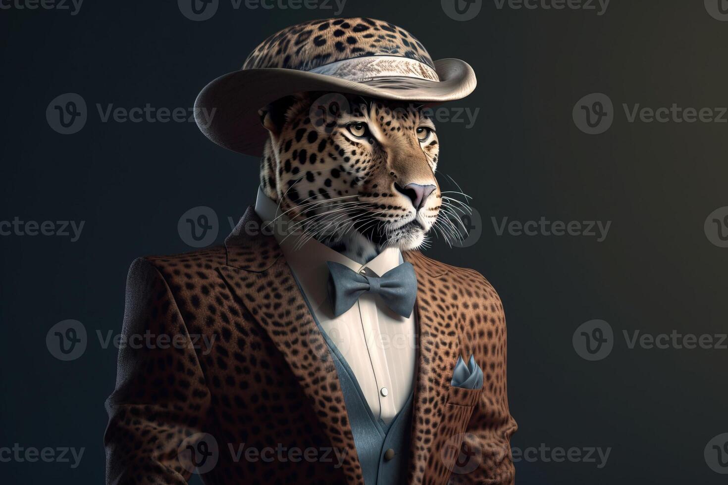 signore, il capo è un' formidabile macchiato leopardo nel un' cappello, completo da uomo e legare. bandiera intestazione. ai generato. foto