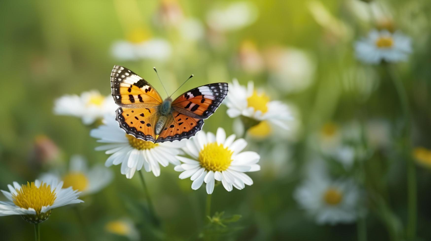 foto il giallo arancia farfalla è su il bianca rosa fiori nel il verde erba campi, generat ai