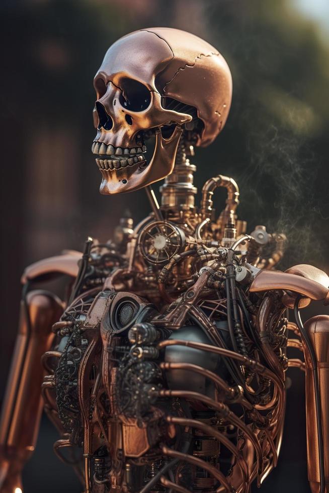 fiaba steampunk robotica scheletro emerge a partire dal il liquido rame. fumante cuore e polmoni dentro il suo il petto. a piedi attraverso il steampunk città, creare ai foto