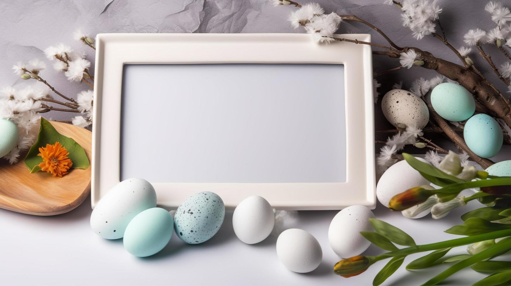 gratuito foto telaio fra Pasqua uova su piatto vicino poco pietre nel ciotola e fiore ramoscelli, generat ai