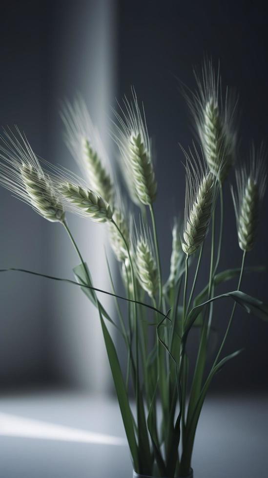 Là siamo alcuni verde Grano gambi ondeggiante nel il vento, impostato su nel un' studio come un' sfondo per cosmetico prodotti, creare ai foto