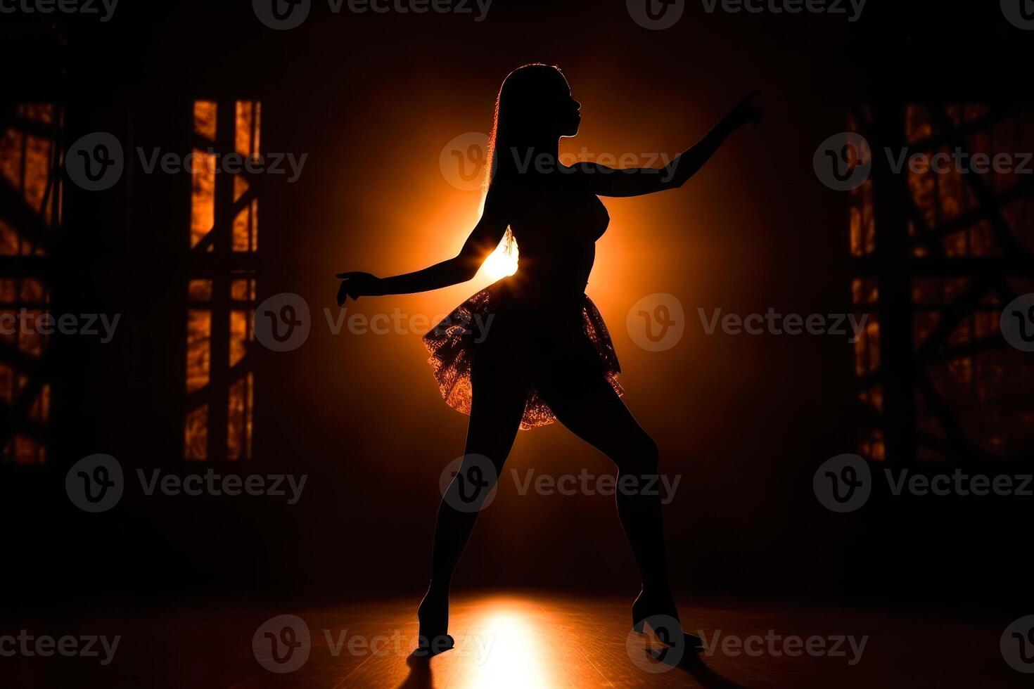 danza ragazza silhouette nel un' corto vestito Basso leggero generativo ai foto