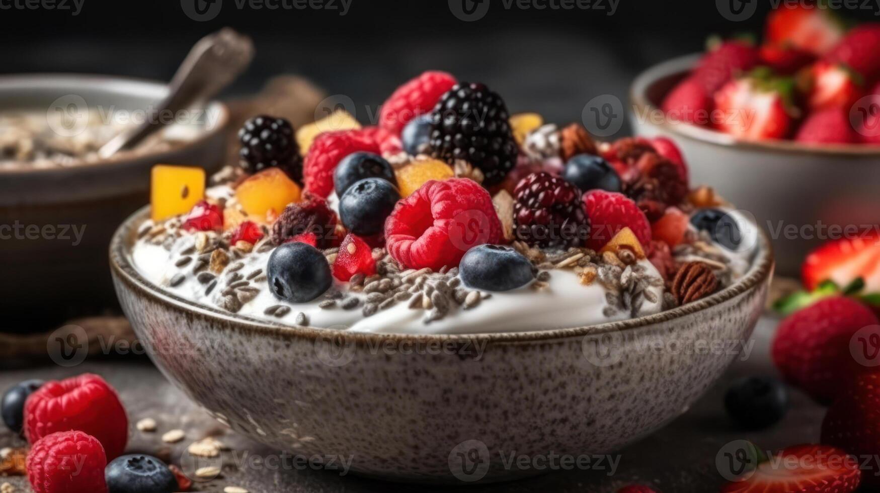 salutare prima colazione ciotola pieno con cereale con frutti di bosco generativo ai foto