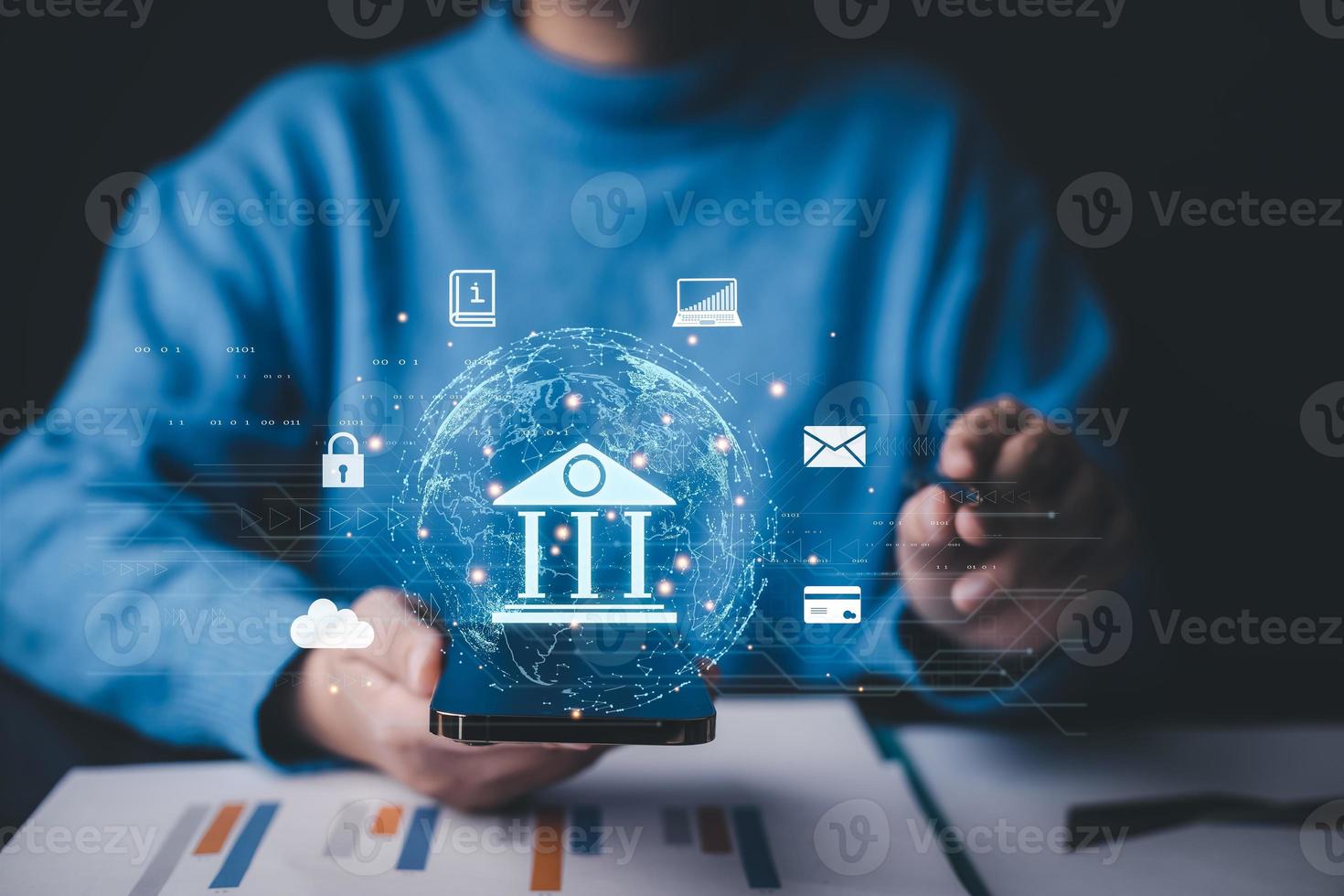 finanza e bancario digitale, uomini d'affari Tenere in linea bancario e pagamenti, finanza e bancario reti. ai, cliente networking connessione, digitale marketing. informatica sicurezza. attività commerciale tecnologia. foto