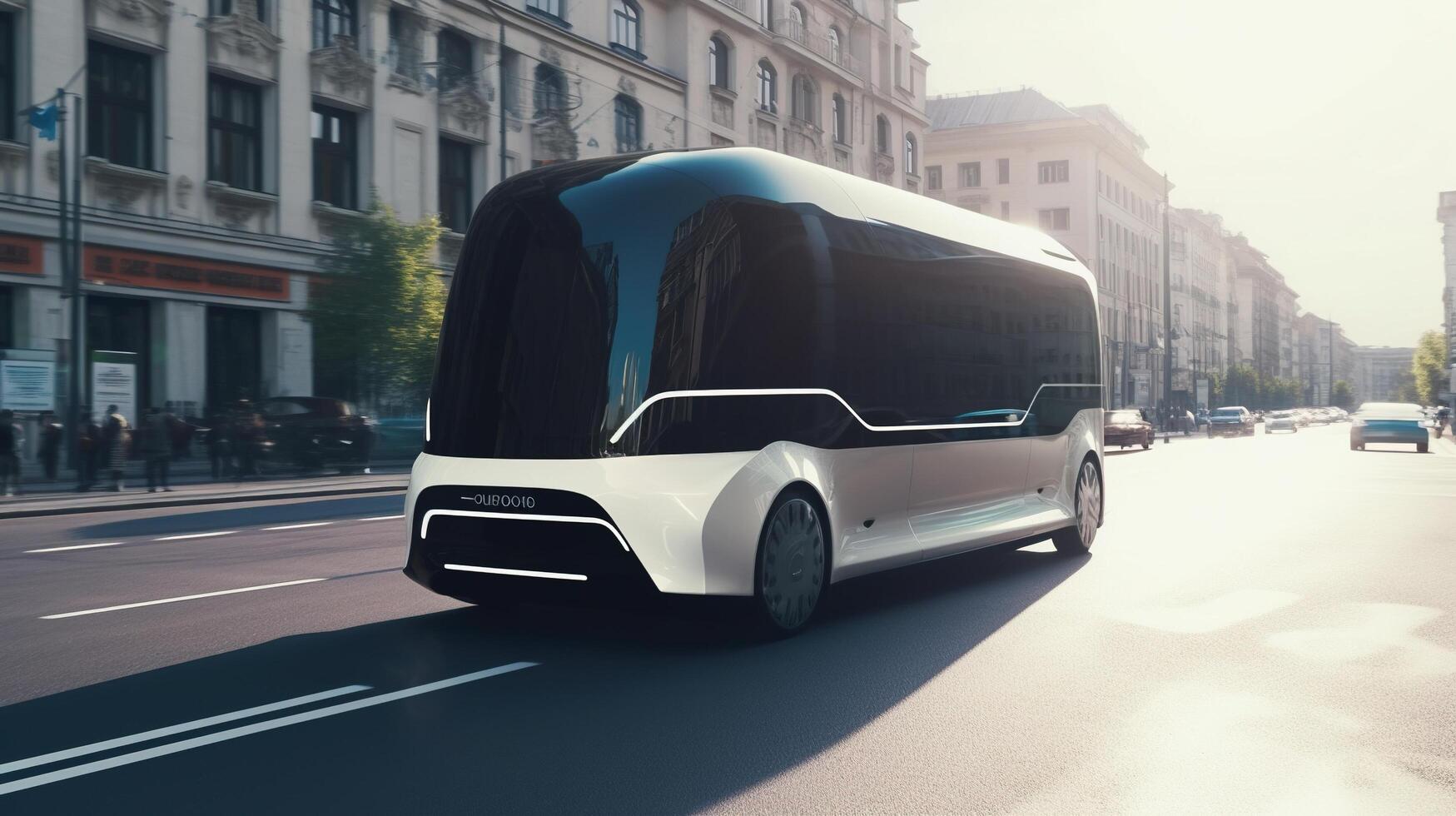 futuristico autobus su il strada ai generato foto