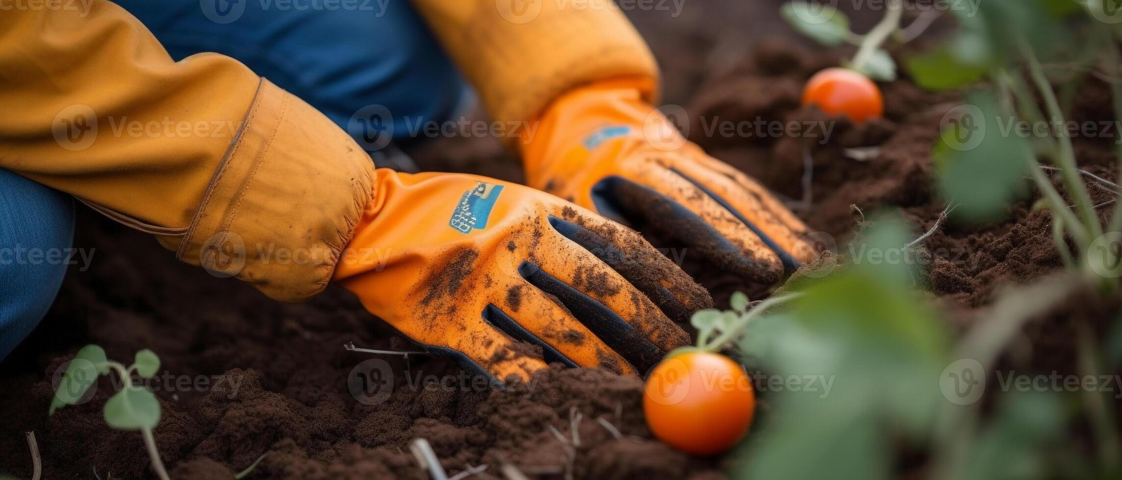 avvicinamento Immagine di donna S mani nel giardinaggio guanti piantare pomodoro. foto