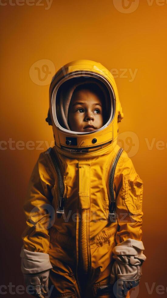 poco ragazzo indossare tuta spaziale. cosmonauta concetto. ai generato. foto