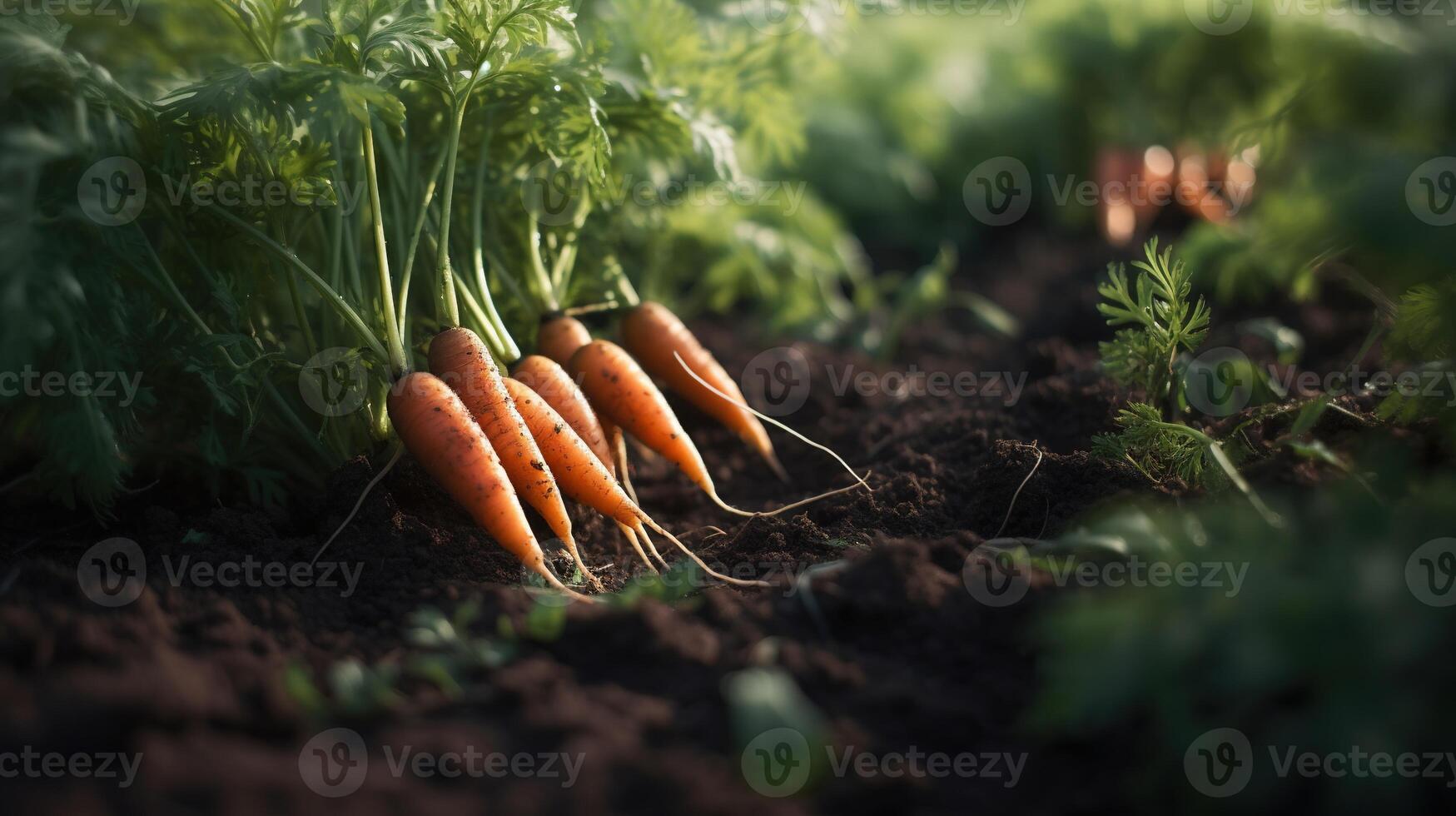 generativo ai, riga di fresco carote con verde foglie su il terra, verdure nel il giardino, un' bene raccogliere di eco prodotti. foto