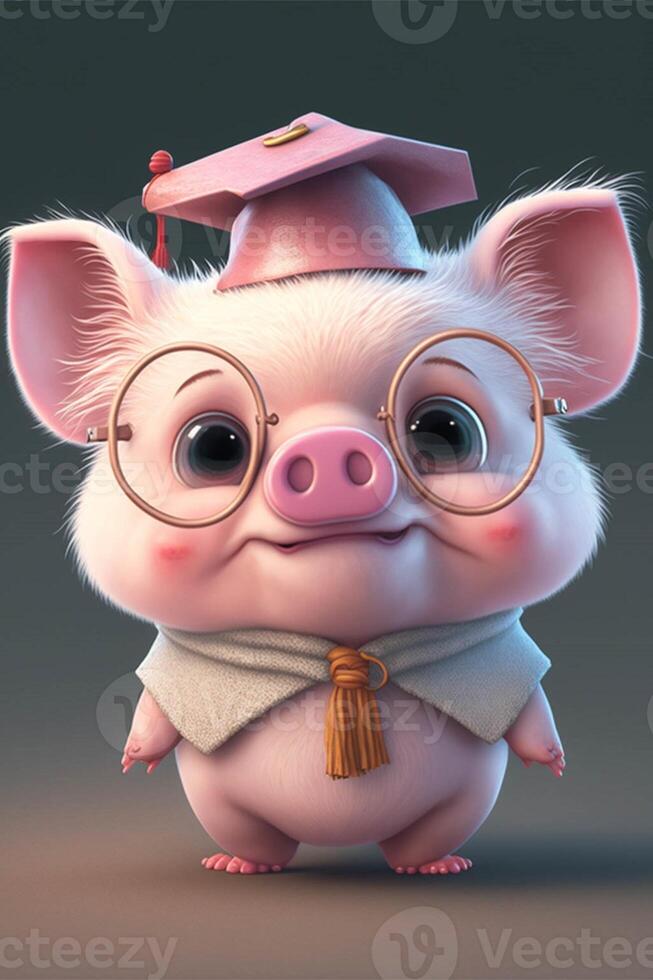cartone animato maiale indossare bicchieri e un' la laurea cap. generativo ai. foto