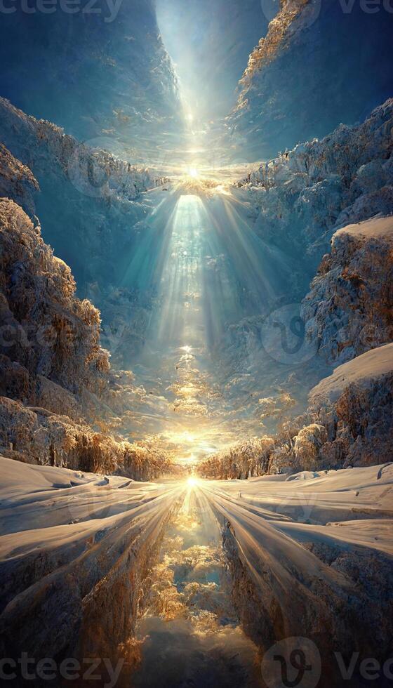il sole brilla brillantemente al di sopra di un' nevoso paesaggio. generativo ai. foto